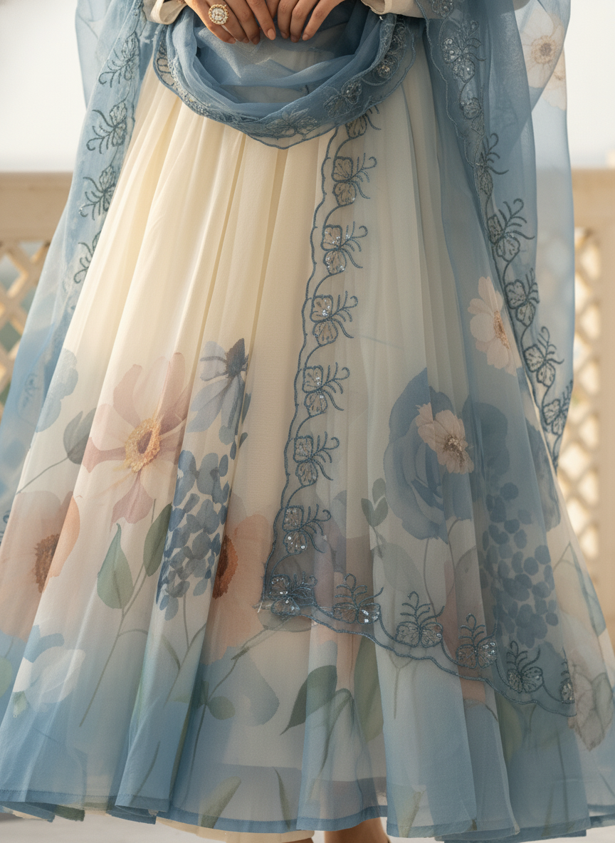 Floral Chiffon Gher Kurti Set - Blue