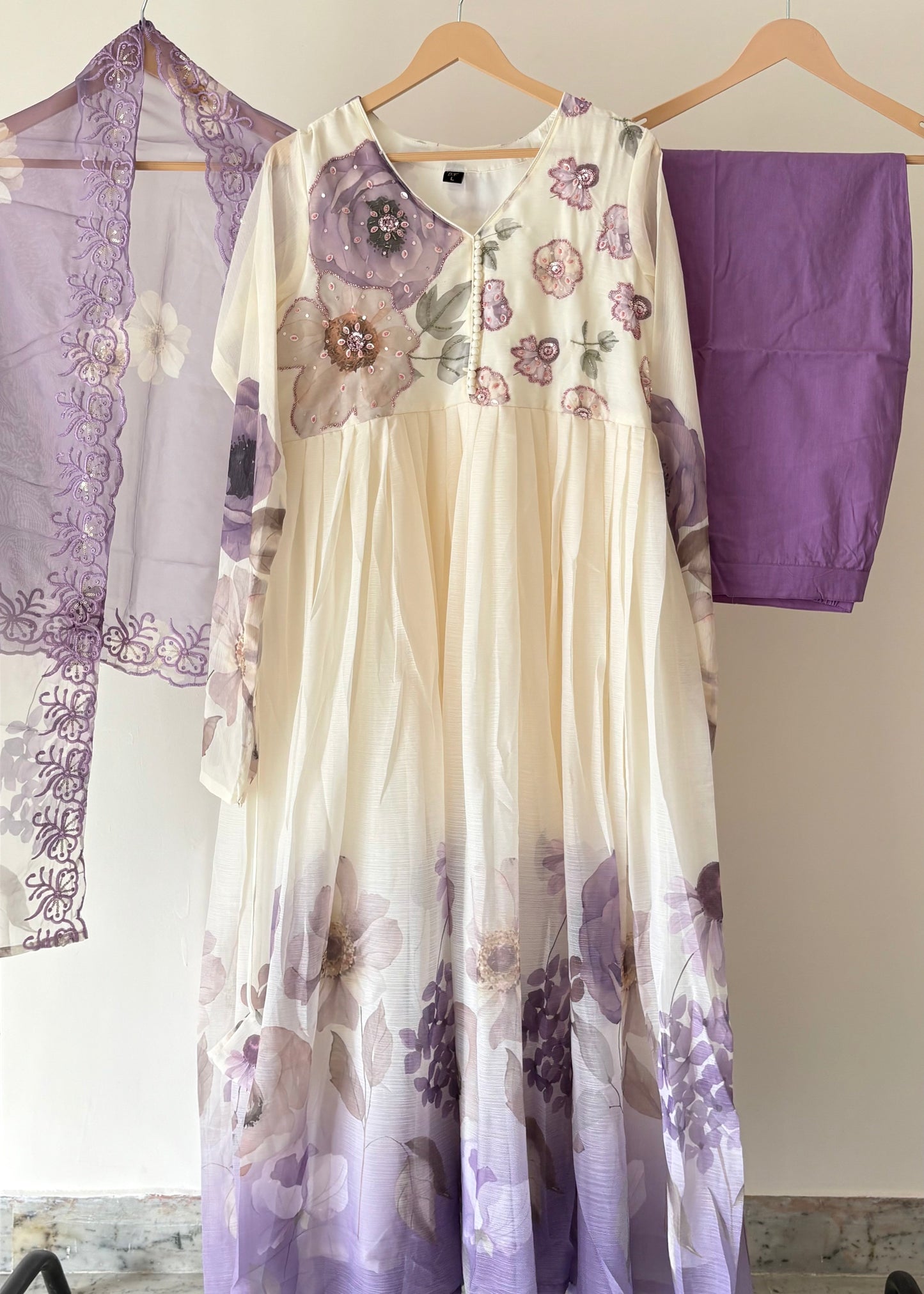 Floral Chiffon Gher Kurti Set - Lavender