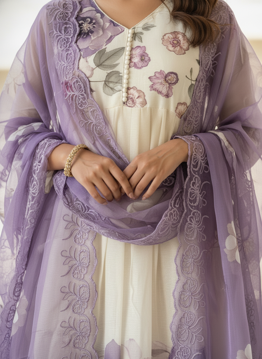 Floral Chiffon Gher Kurti Set - Lavender