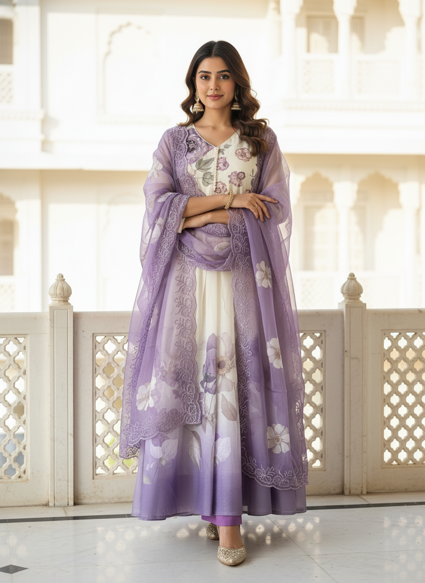 Floral Chiffon Gher Kurti Set - Lavender