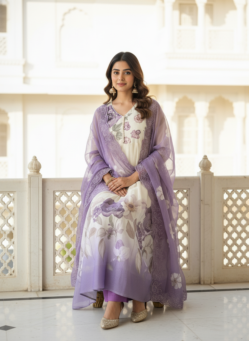 Floral Chiffon Gher Kurti Set - Lavender