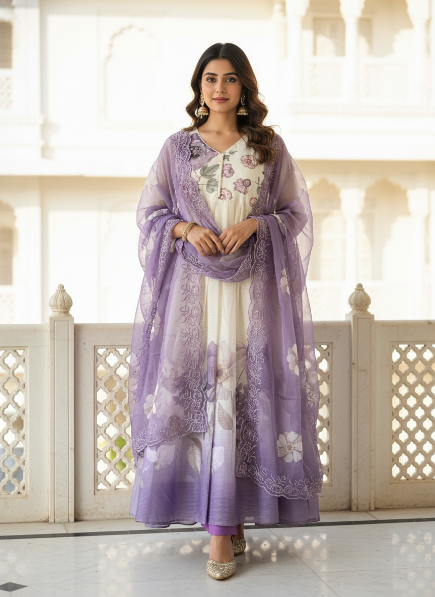 Floral Chiffon Gher Kurti Set - Lavender