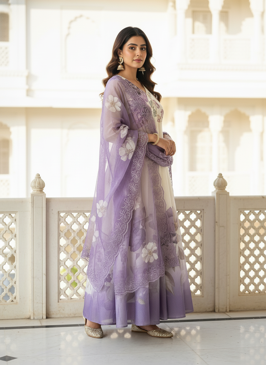 Floral Chiffon Gher Kurti Set - Lavender