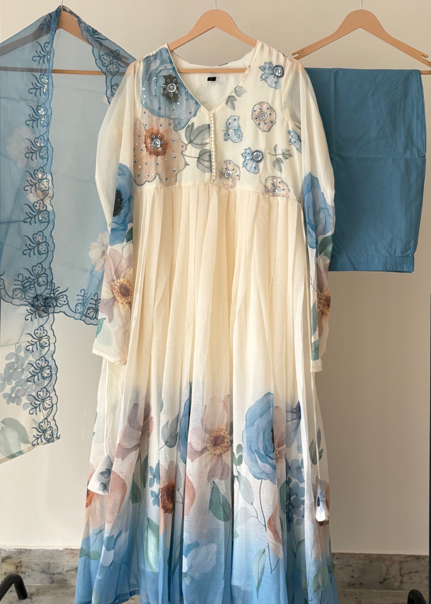 Floral Chiffon Gher Kurti Set - Blue