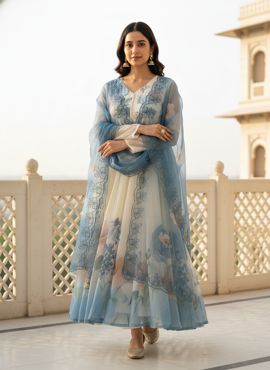 Floral Chiffon Gher Kurti Set - Blue