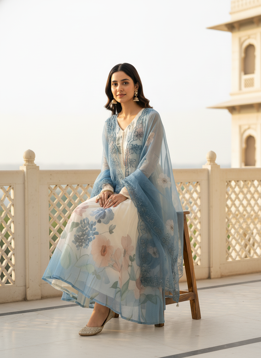 Floral Chiffon Gher Kurti Set - Blue