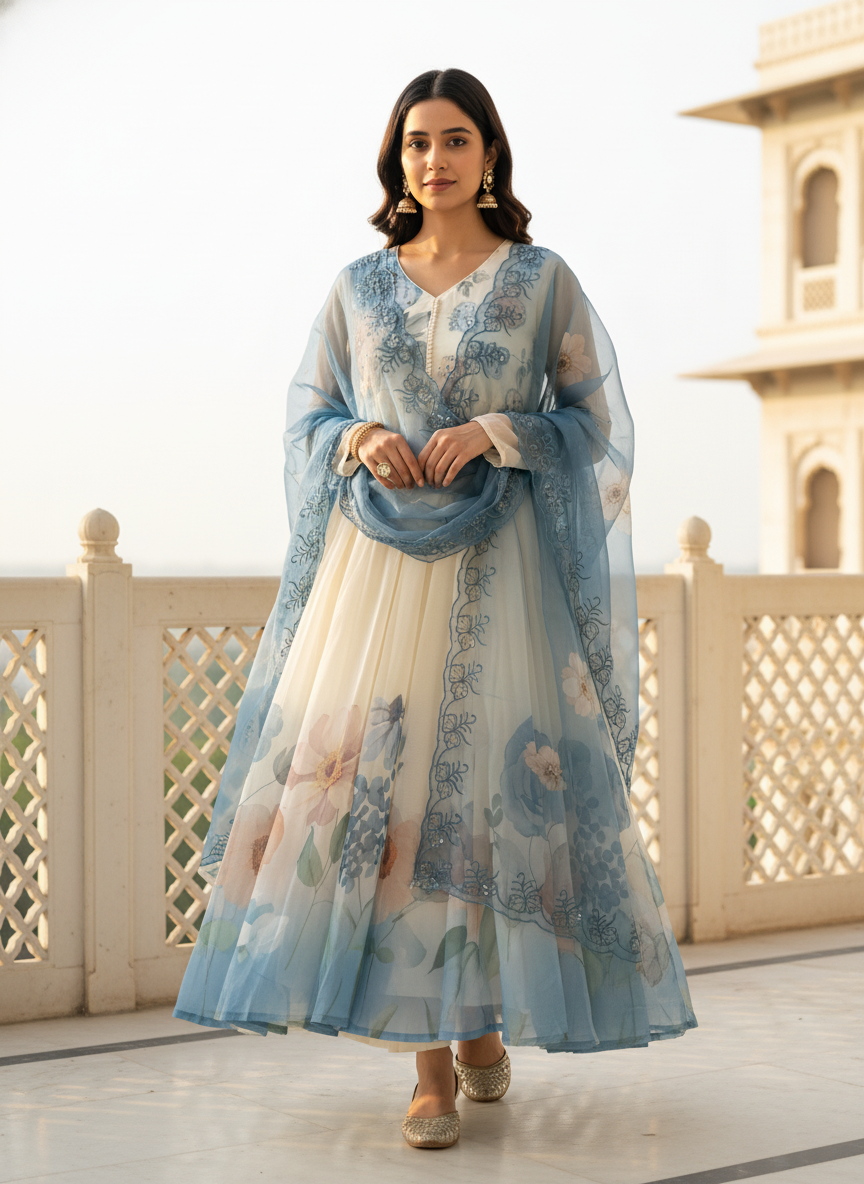 Floral Chiffon Gher Kurti Set - Blue