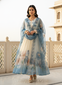 Floral Chiffon Gher Kurti Set - Blue