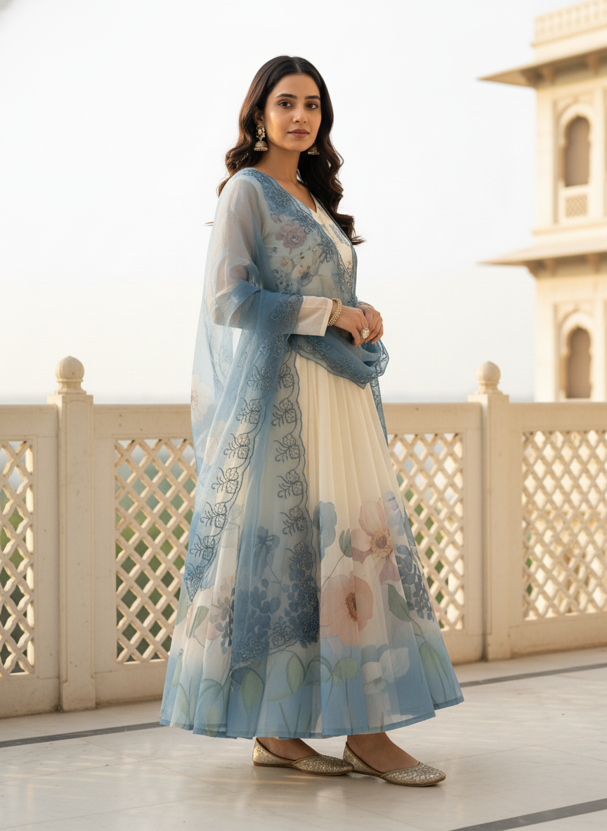 Floral Chiffon Gher Kurti Set - Blue