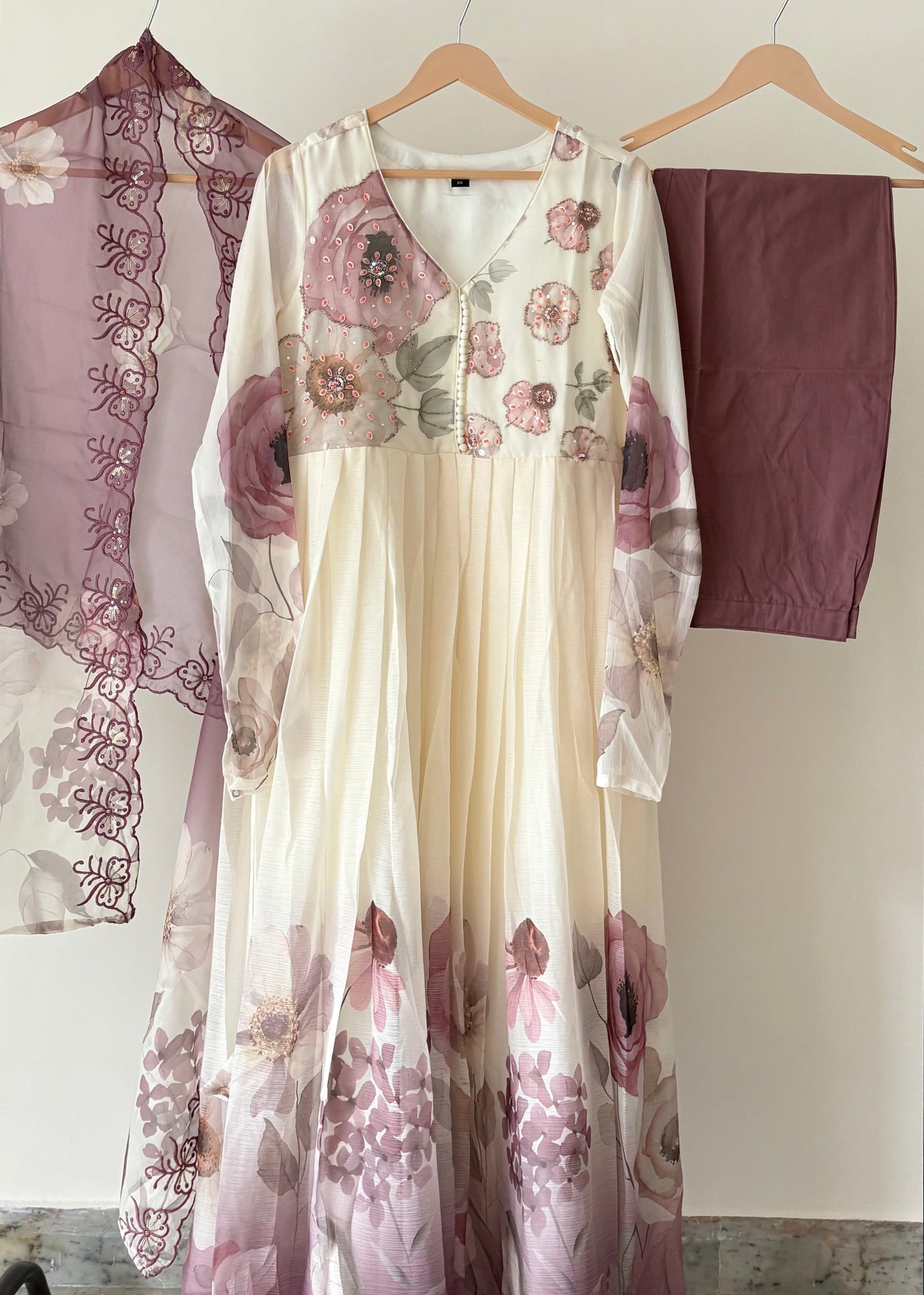 Floral Chiffon Gher Kurti Set - Rose Pink