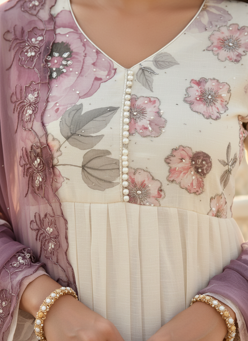 Floral Chiffon Gher Kurti Set - Rose Pink