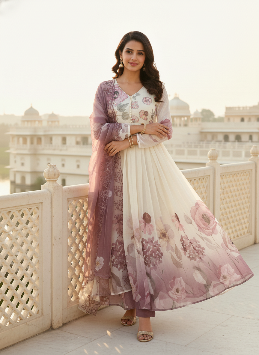 Floral Chiffon Gher Kurti Set - Rose Pink