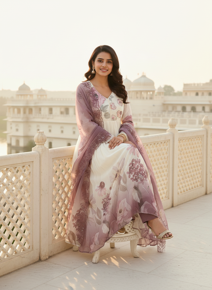 Floral Chiffon Gher Kurti Set - Rose Pink