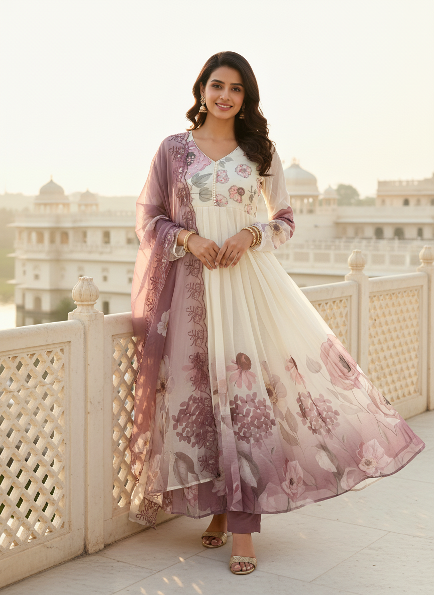 Floral Chiffon Gher Kurti Set - Rose Pink