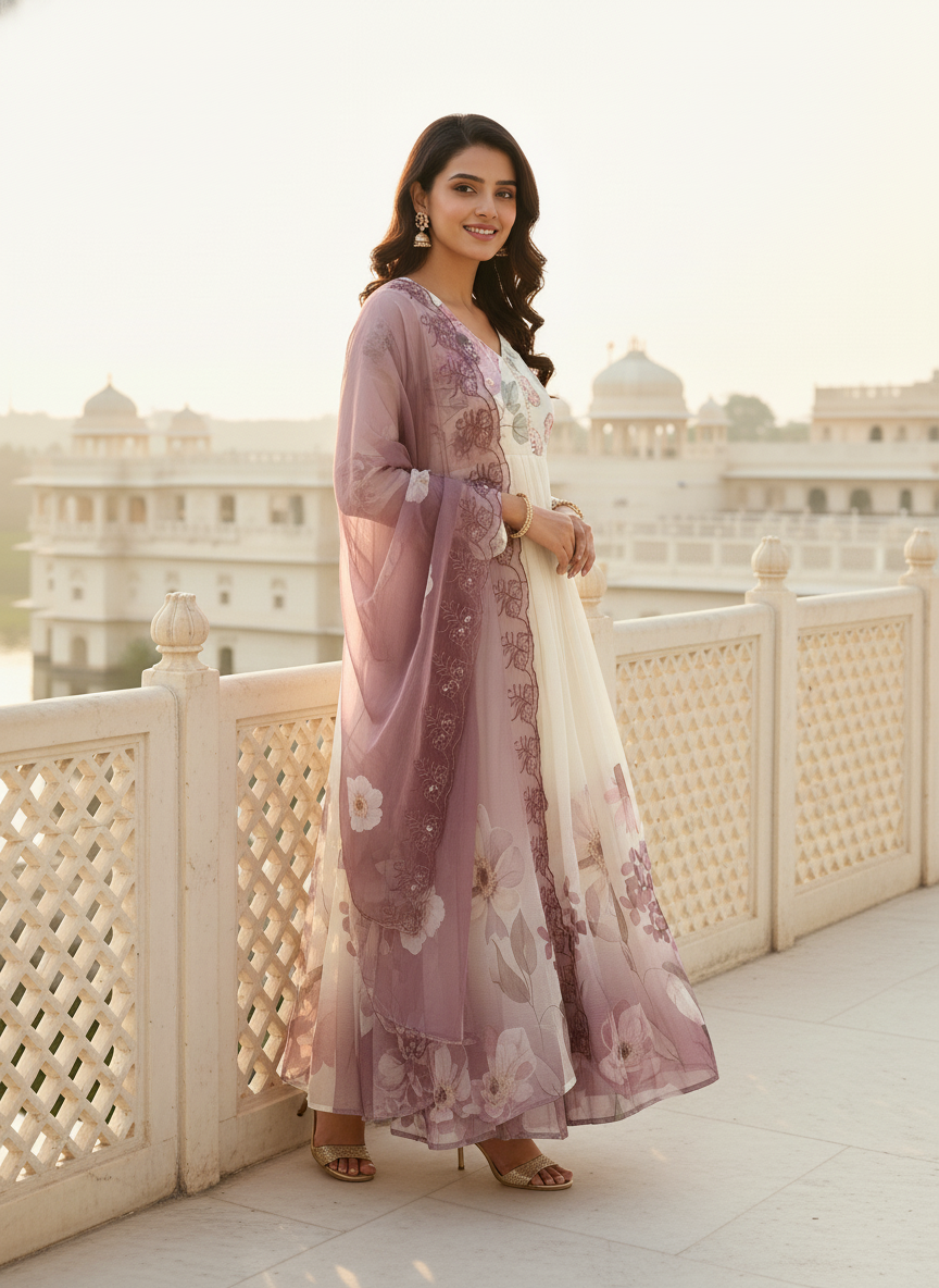 Floral Chiffon Gher Kurti Set - Rose Pink