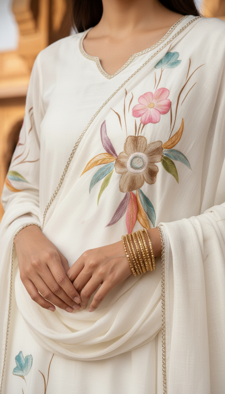 Luxurious off white silk A-line floral kurti set