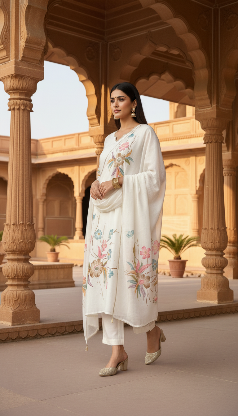 Luxurious off white silk A-line floral kurti set