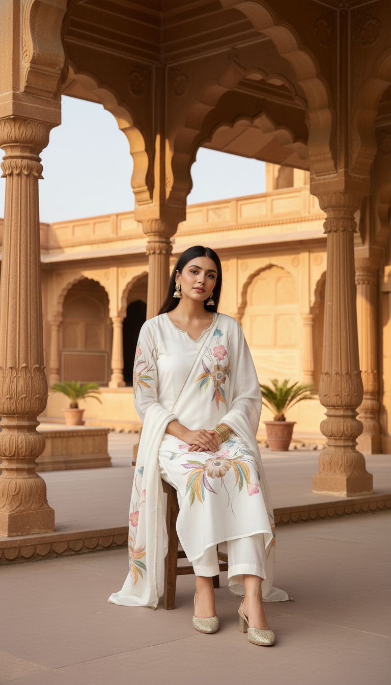 Luxurious off white silk A-line floral kurti set