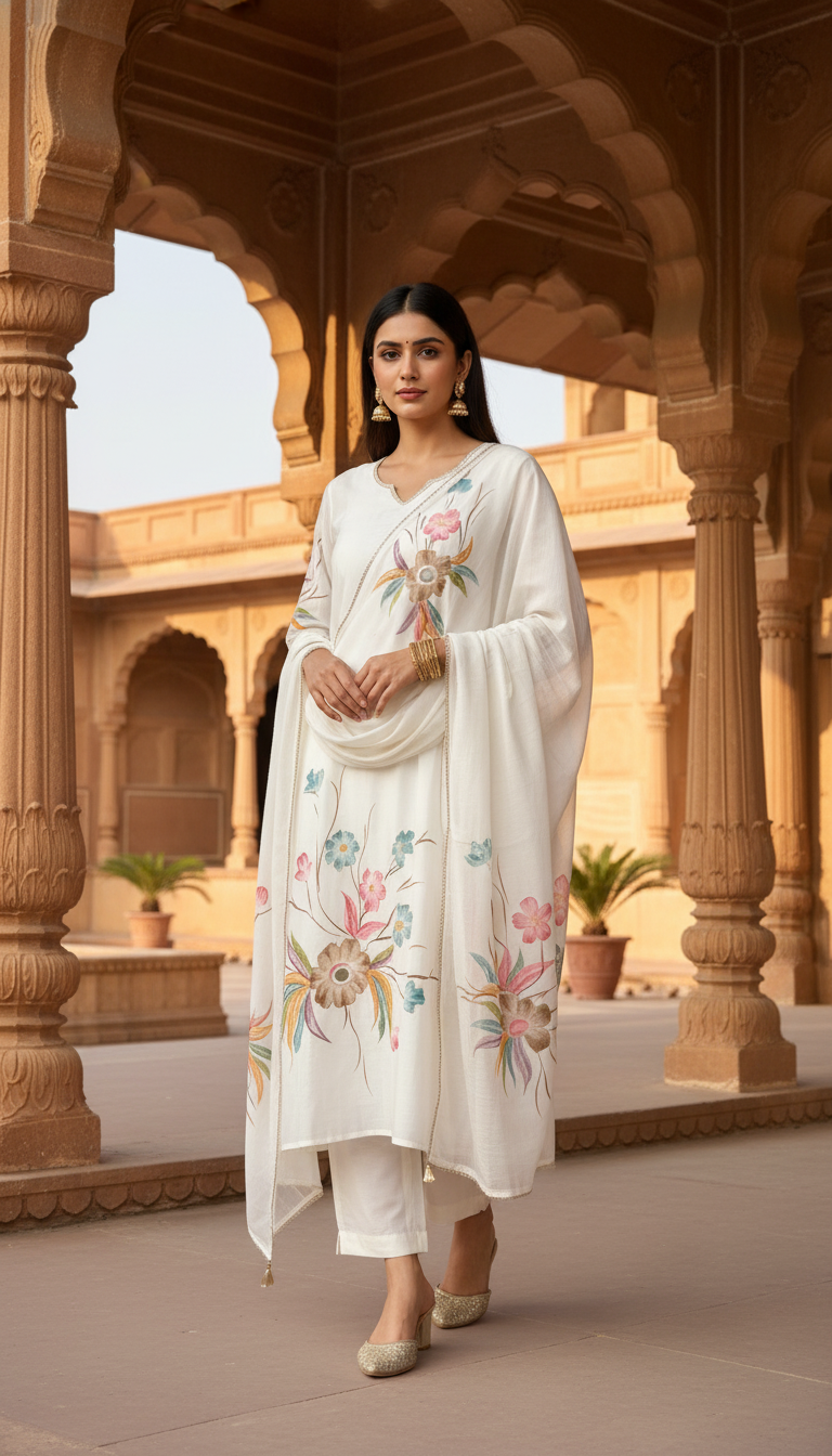 Luxurious off white silk A-line floral kurti set